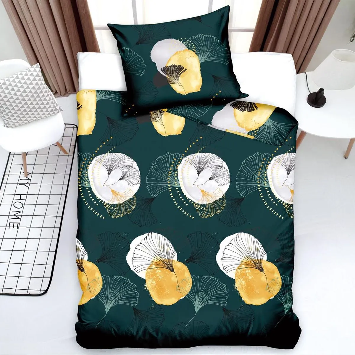 Pościel Satyna Bawełna 2CZ 140x200 Kwiaty Zielone Żółte