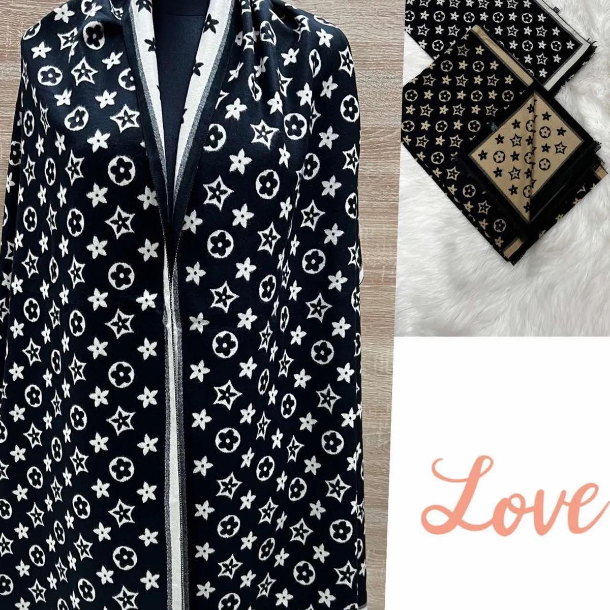 Szaliki damskie czarne z białymi gwiazdami Love Cashmere