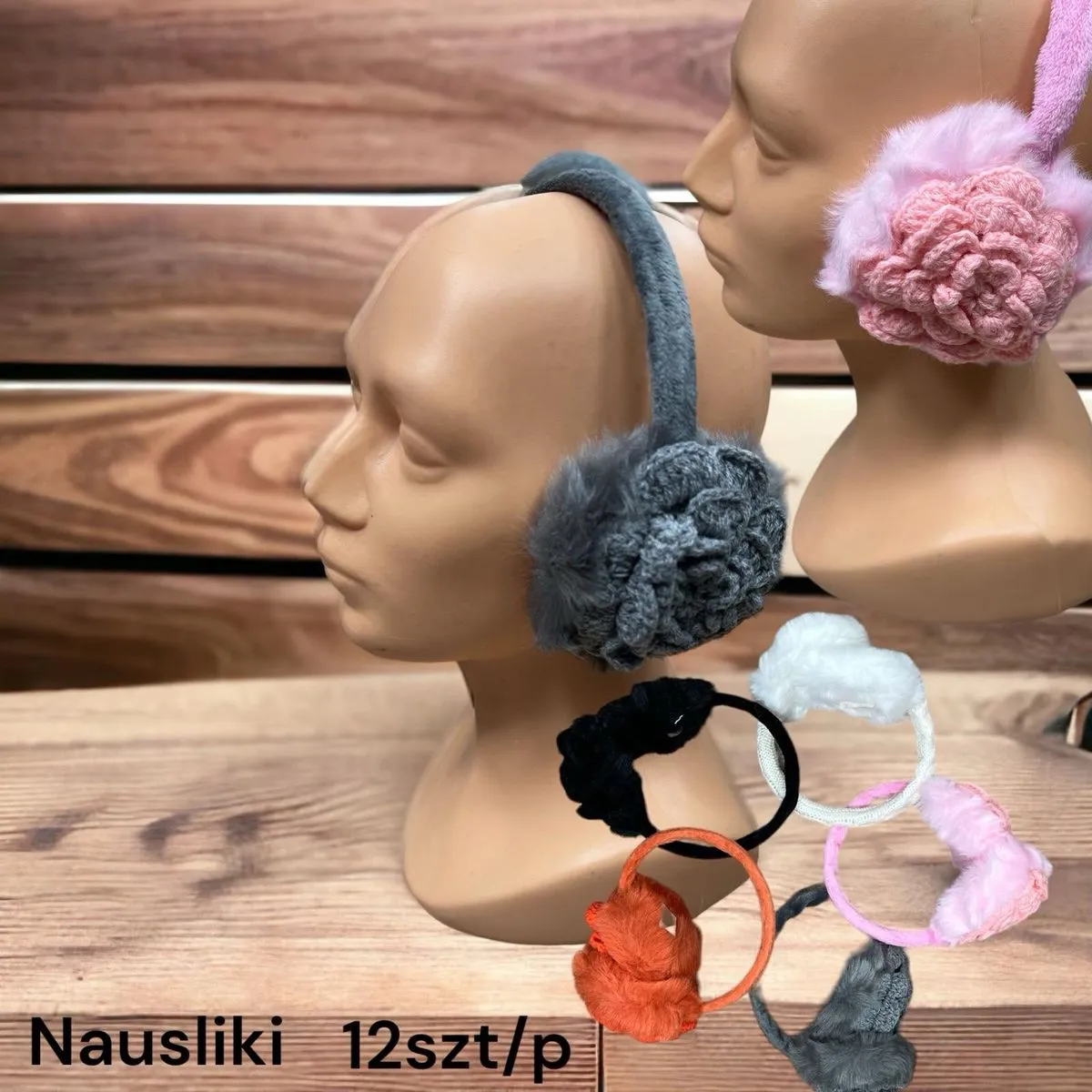 Nauszniki damskie futrzane szare i różowe, 12 szt/op
