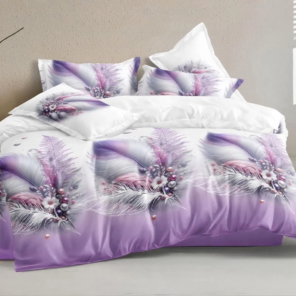 Komplet Pościel 4CZ 200/220 A38 Fioletowo-Biały Pióra