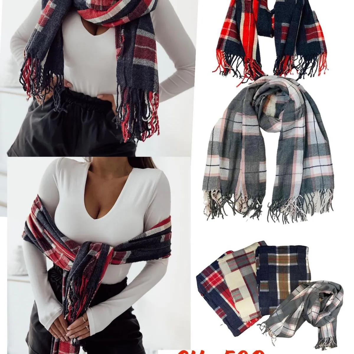 Szaliki damskie w kratę CH 528, mix kolorów