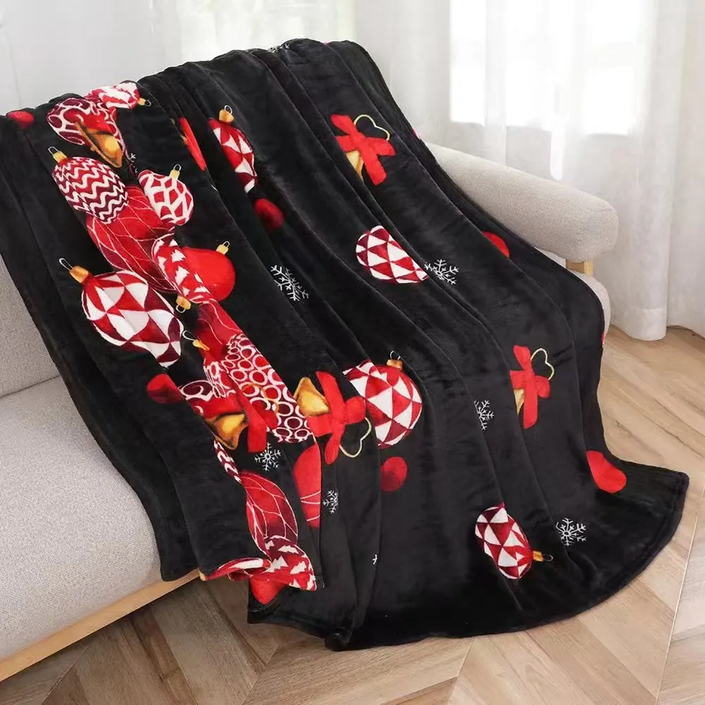 Koce świąteczne 200x220cm czarne z bombkami