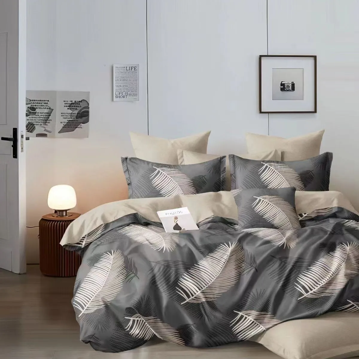 Pościel bawełniana 3cz. 200x220 cm szara z piórami