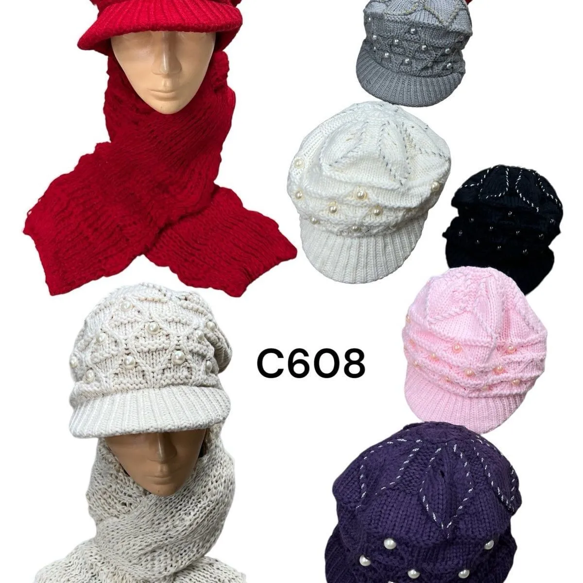 Czapka damska dzianinowa z perełkami C608