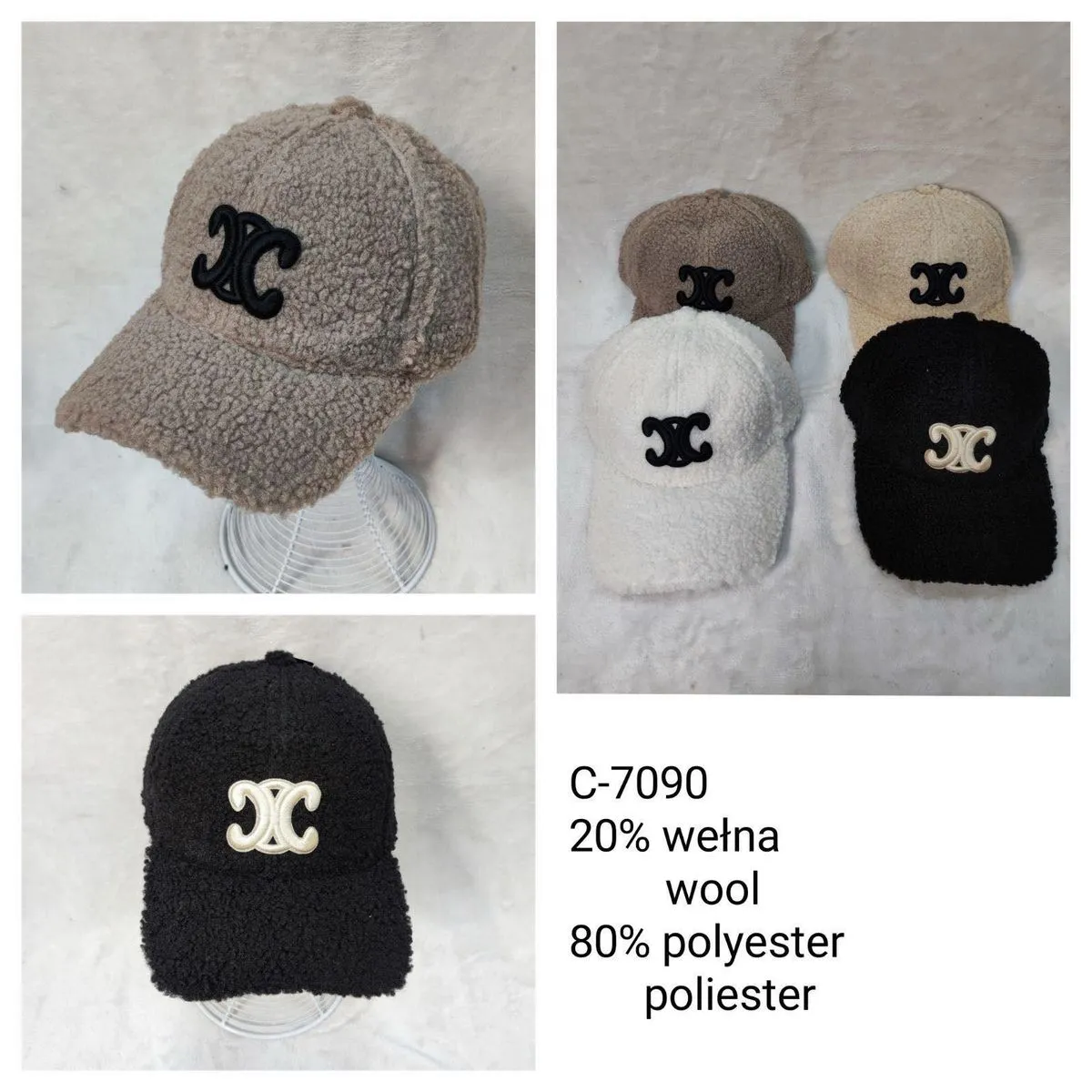 Czapki damskie futrzane 80% poliester 20% wełna C-7990
