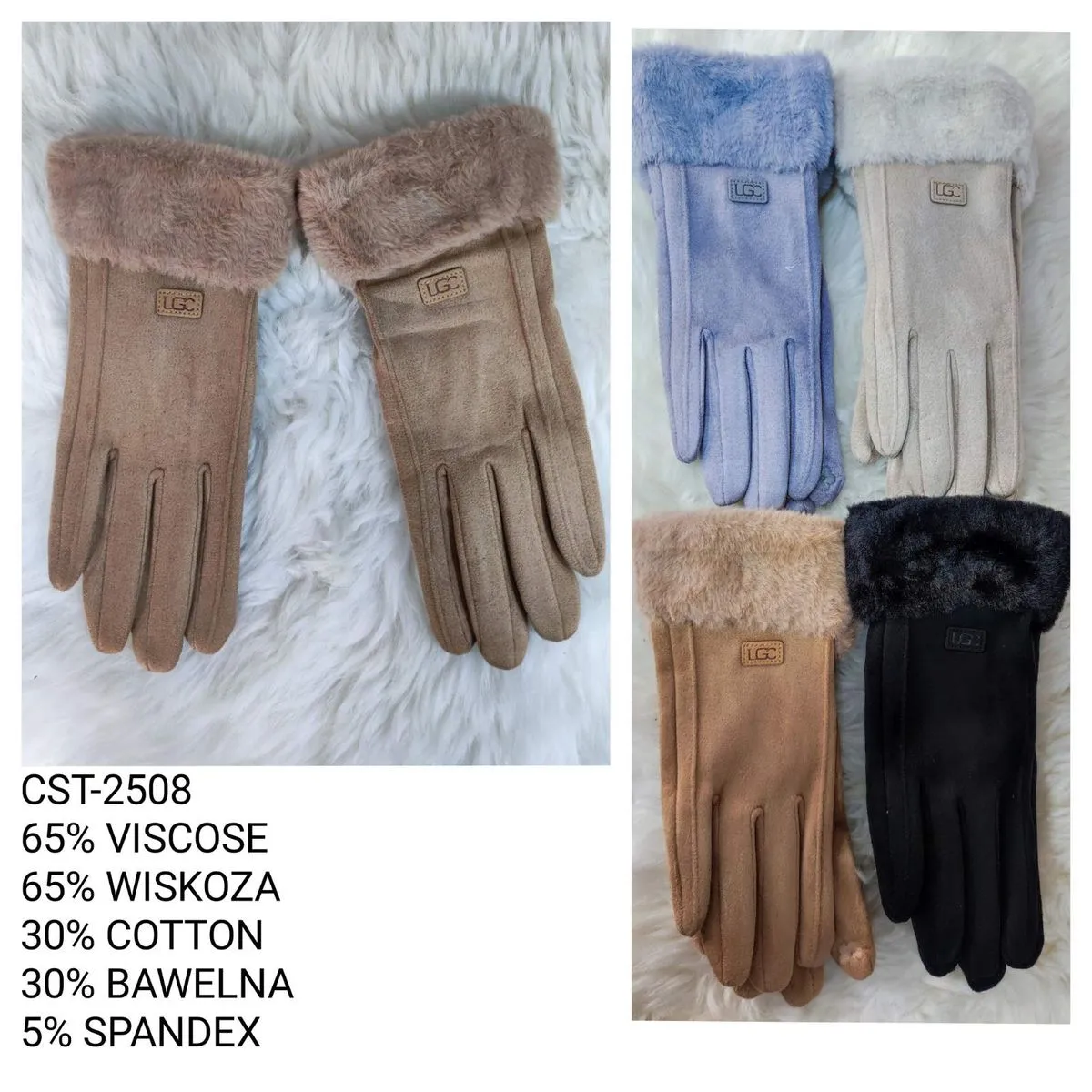 Rękawiczki damskie futrzane 60% wiskoza 30% bawełna 10% spandex
