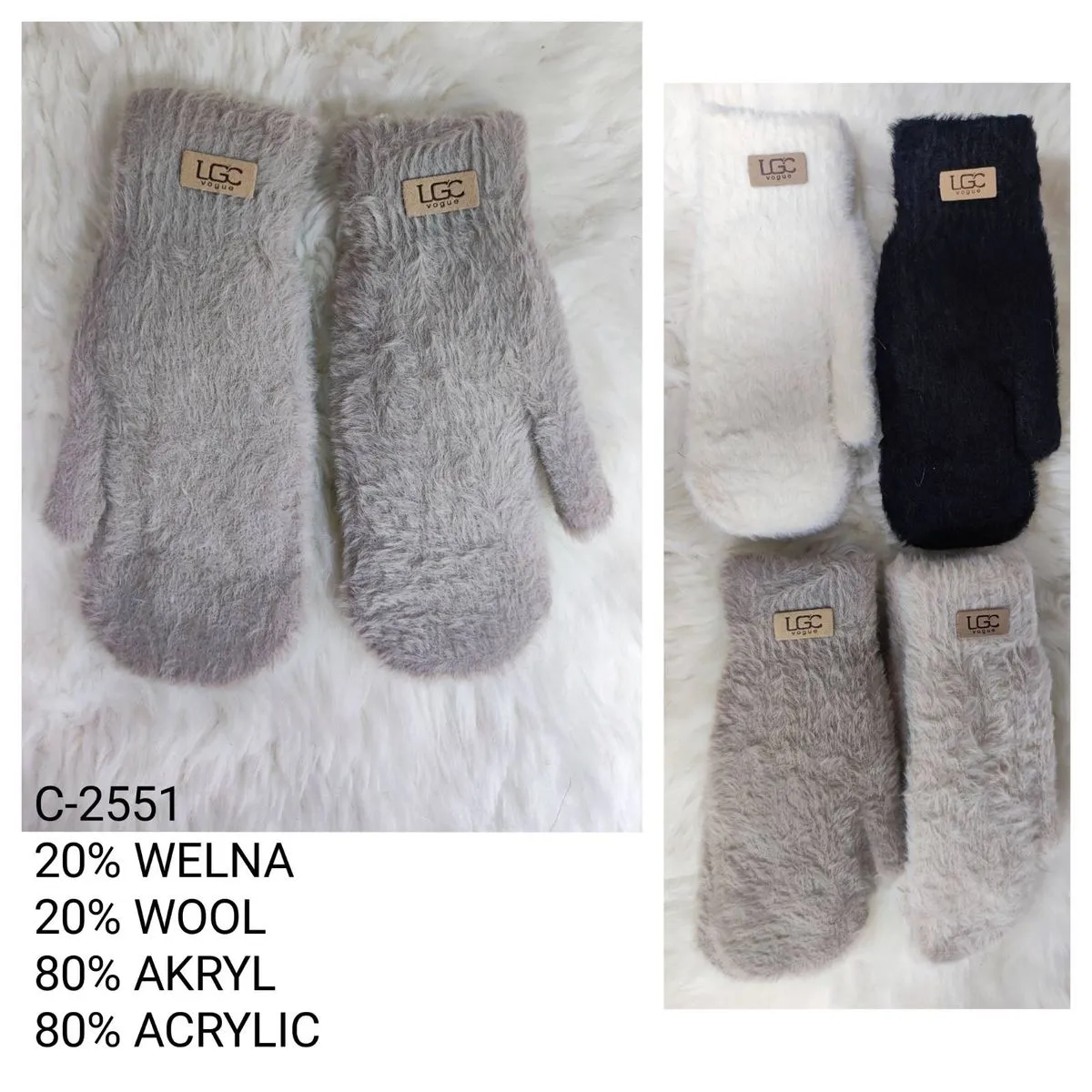 Rękawiczki damskie futrzane LGC 20% wełna 80% akryl
