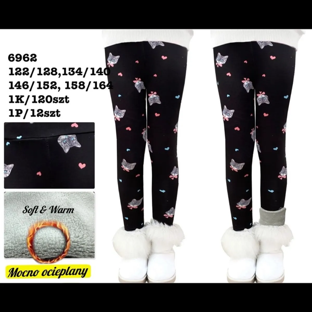 Leggingsy dla dzieci czarne z serduszkami rozmiary 96-128 cm