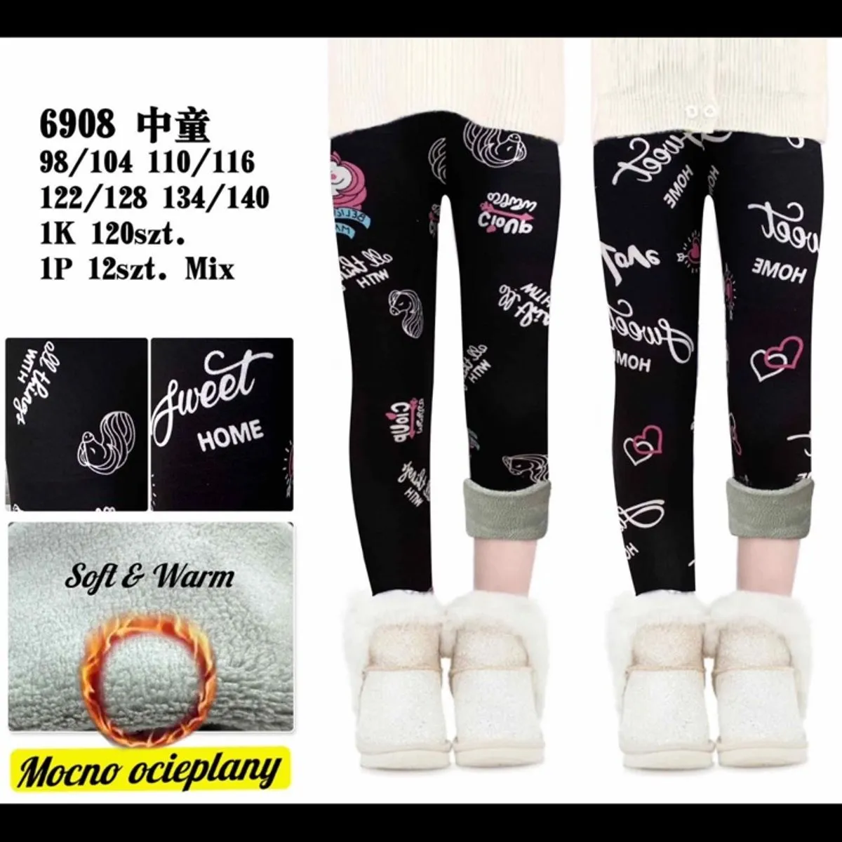 Legginsy dla dzieci Soft Warm czarne z nadrukami 12 szt