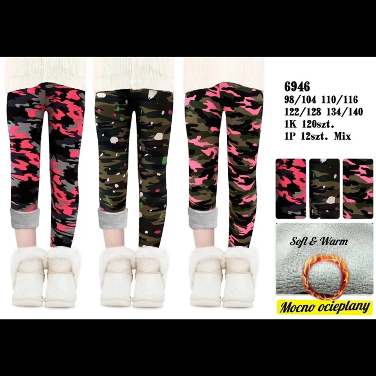 Legginsy dla dzieci 98-128 cm, wzór kamuflaż różowy/czarny