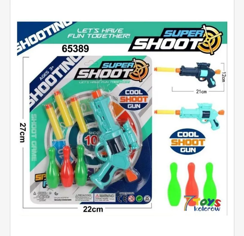 Zabawkowy pistolet Super Shoot z tarczycami i kręglami