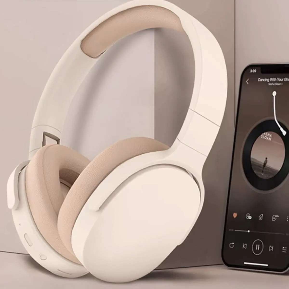 Słuchawki bezprzewodowe Bluetooth nauszne beżowo-białe