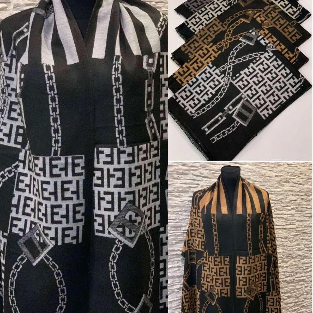 Szaliki damskie wzór Fendi czarny beżowy Viscose Cotton 12 szt