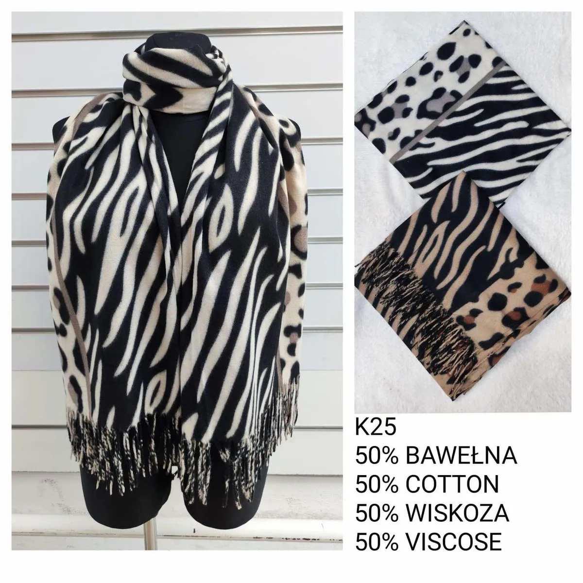 Szaliki damskie zebry 50% bawełna 50% wiskoza K25