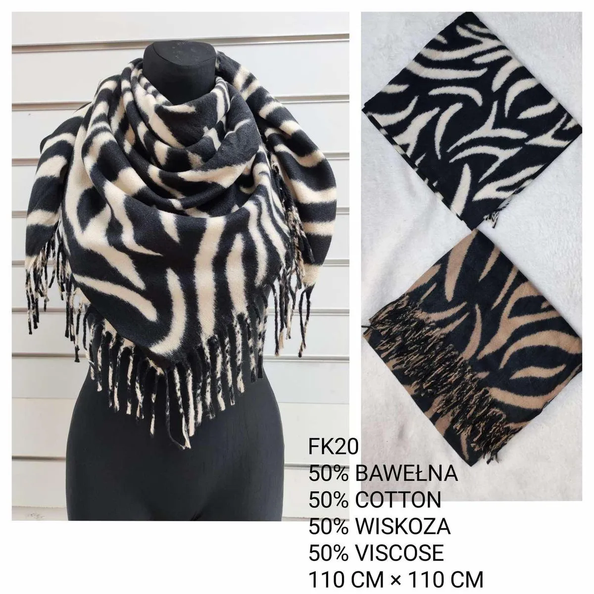 Szal damski czarno-biały w zebry 110x110 cm