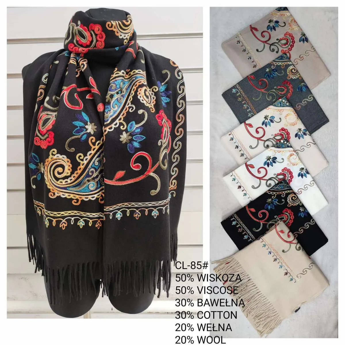 Szaliki damskie CL-85 haftowane 50% wiskoza