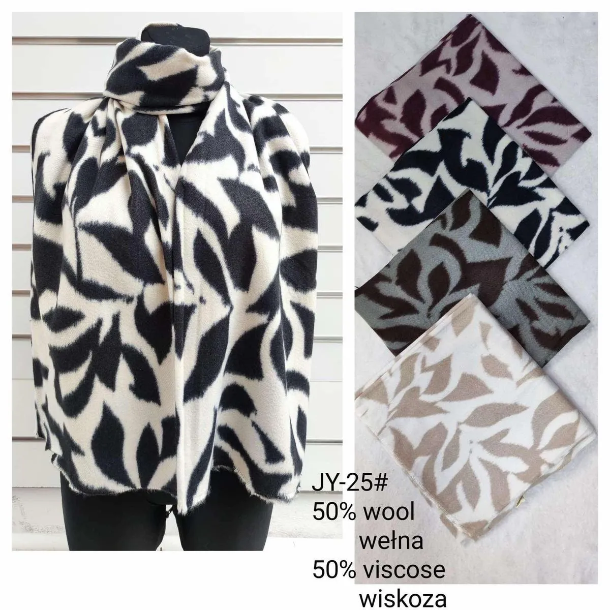 Szaliki damskie wzór liści 50% wełna 50% wiskoza JY-25