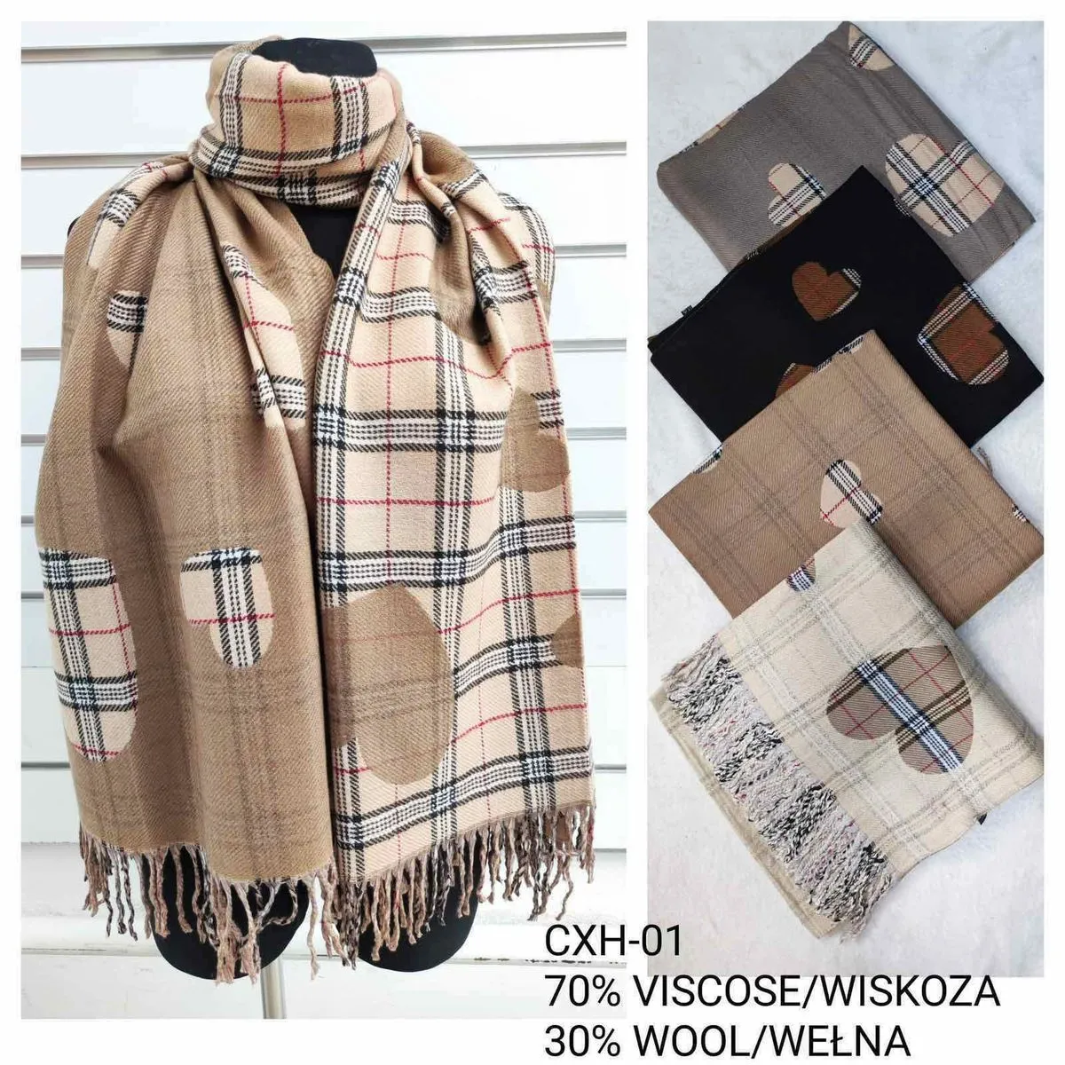 Szaliki damskie w kratę z sercami 70% wiskoza 30% wełna