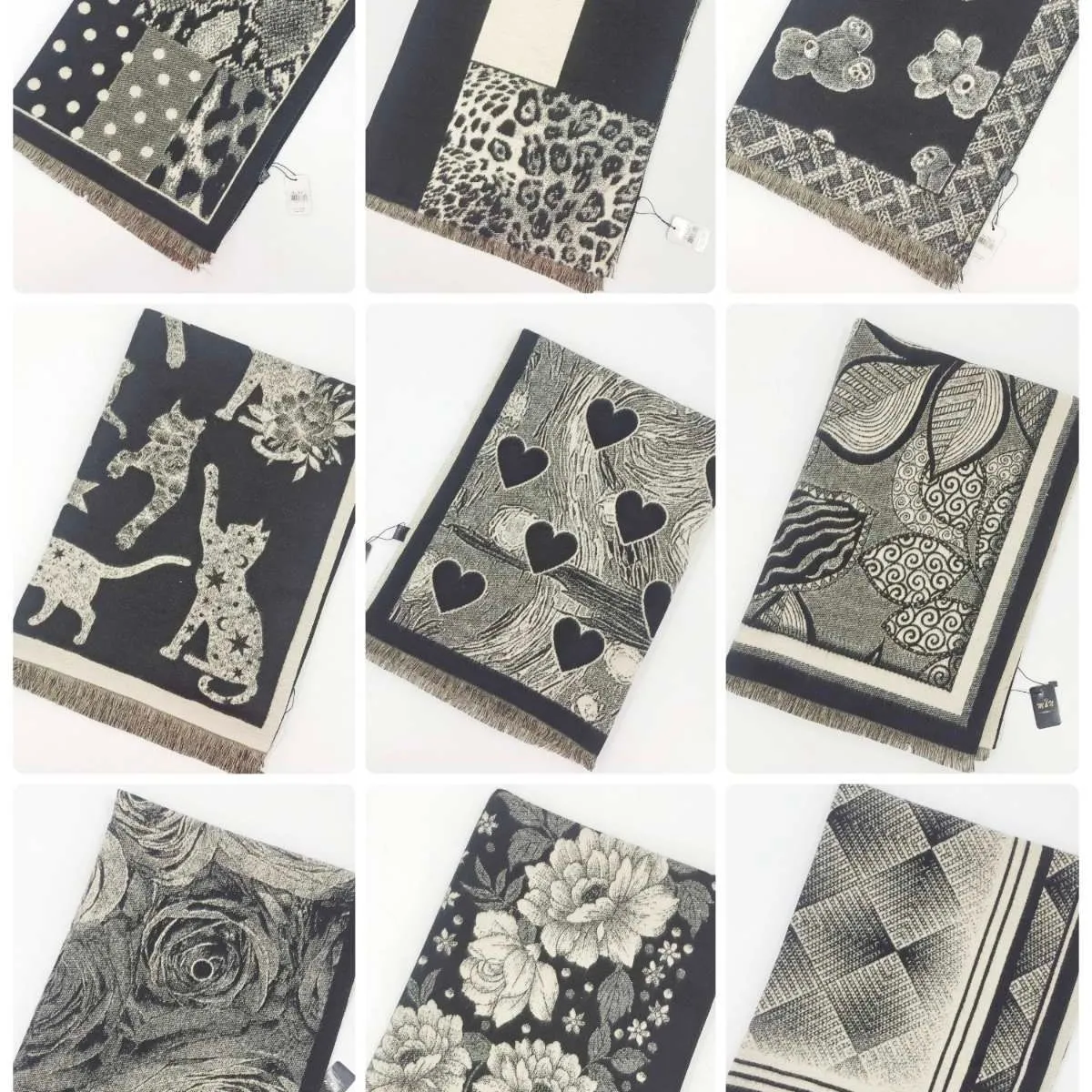 Szaliki damskie wzorzyste czarno-białe, 12 szt/opak.