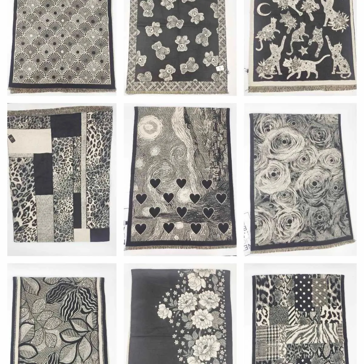 Szaliki damskie wzorzyste czarno-białe, 12 szt