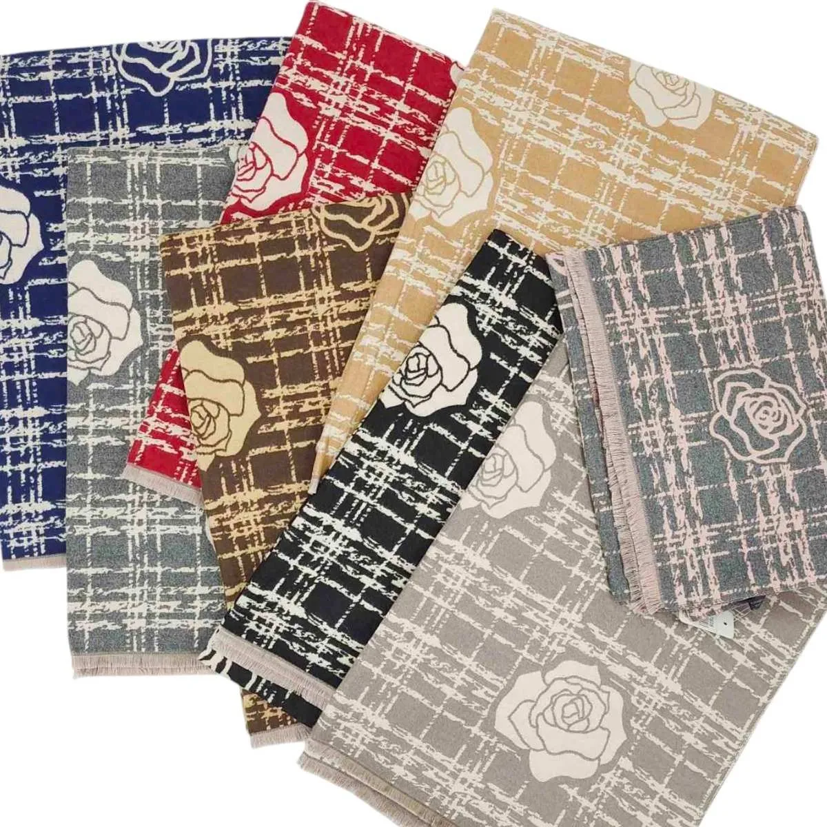Szaliki damskie w kratę z motywem róży H-7608