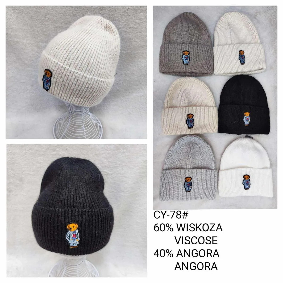 Czapki damskie beanie z misiem 60% wiskoza 40% angora CY-78