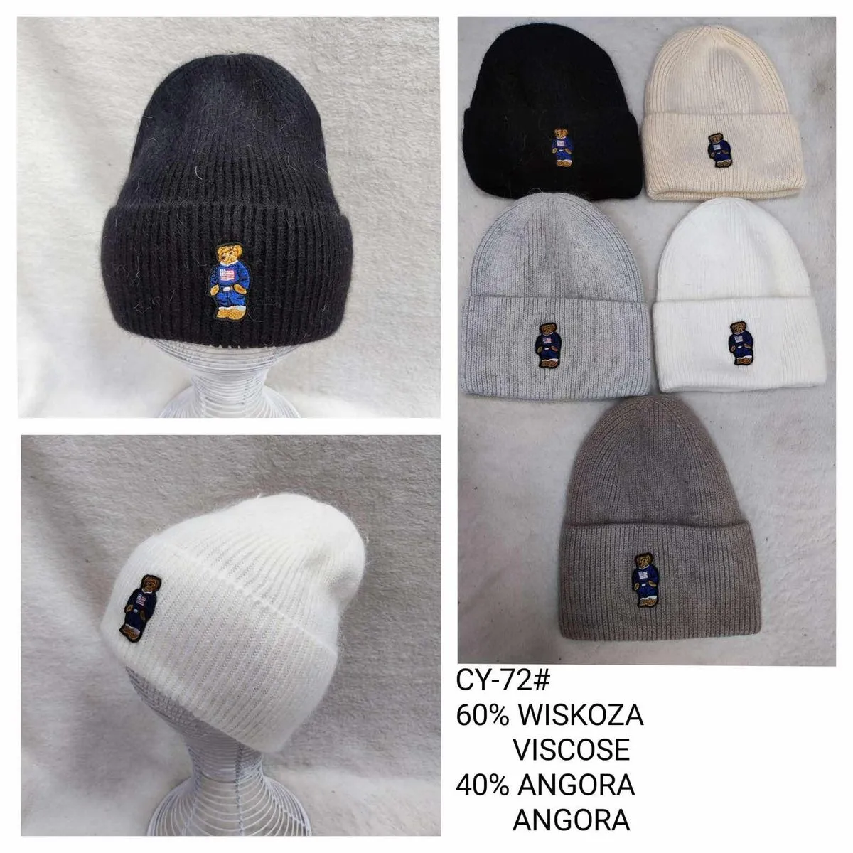 Czapki damskie beanie z misiem 60% wiskoza 40% angora