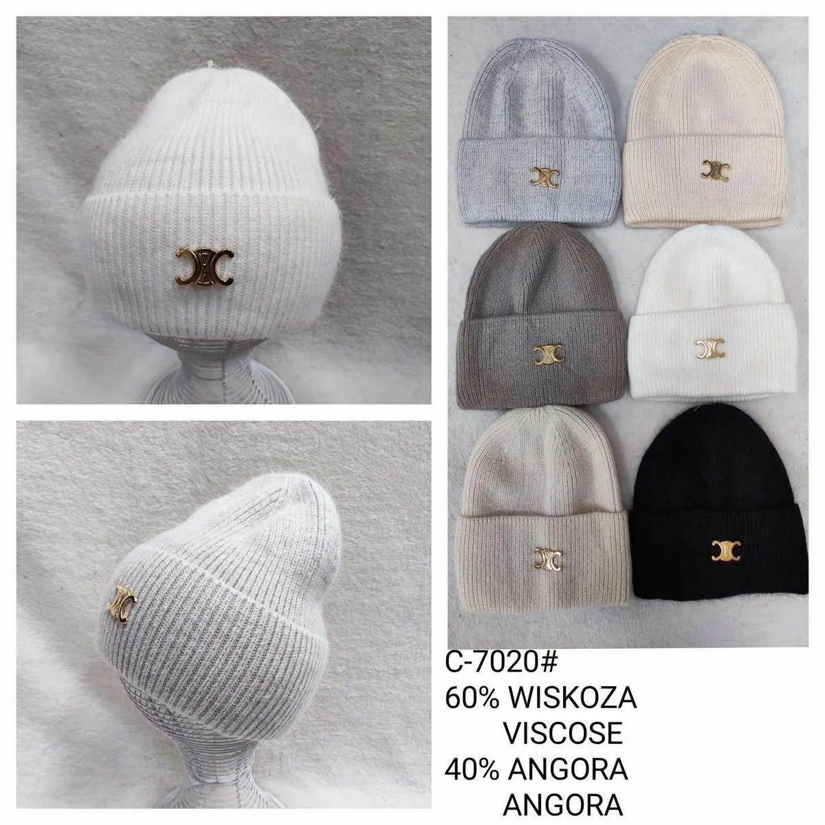 Czapki damskie beanie z logo CC, 60% wiskoza 40% angora