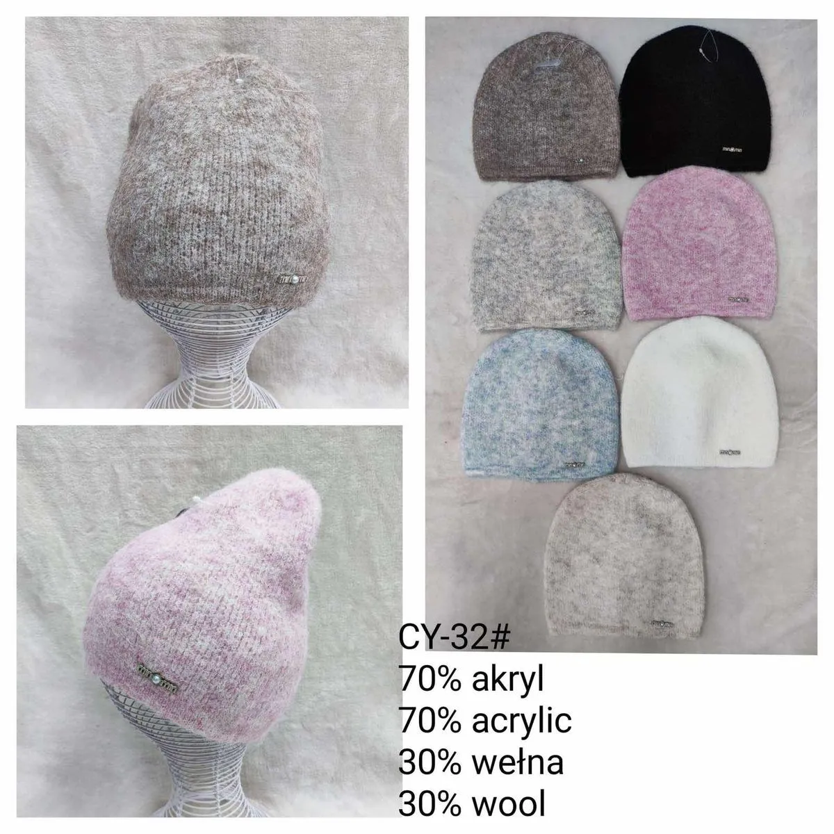 Czapki damskie beanie 70% akryl 30% wełna CY-32