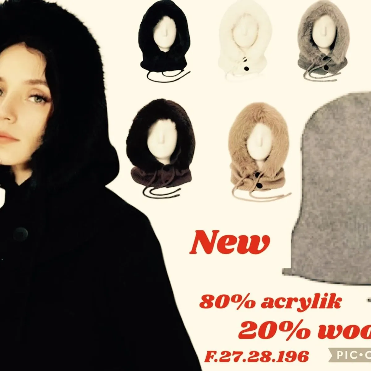 Czapki damskie futrzane z kapturem 80% akryl 20% wełna