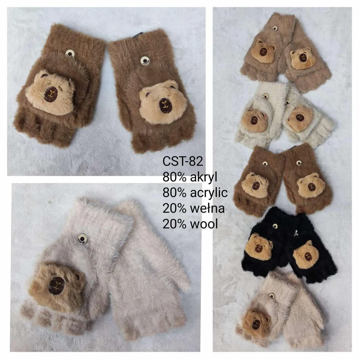 Rękawiczki damskie misie 80% akryl 20% wełna