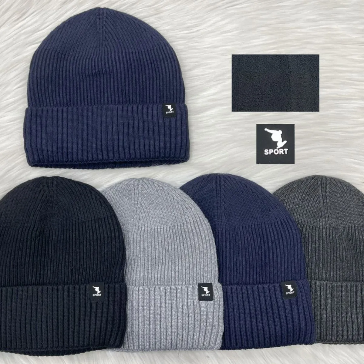 Czapki męskie beanie dzianinowe granat/czarny/szary