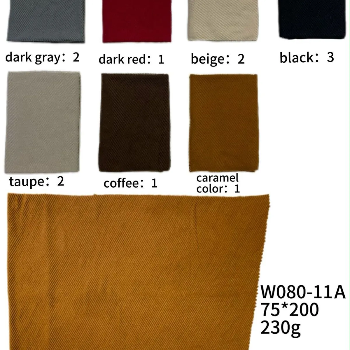 Szaliki damskie W080-11A 75x200cm 230g, 12 szt/opak.