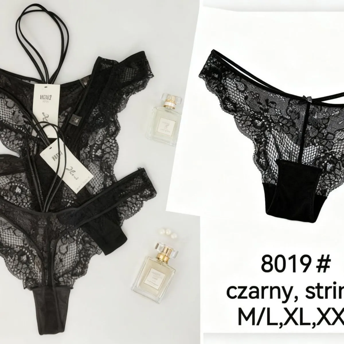 Czarne stringi damskie koronkowe M/L XL XXL 8019