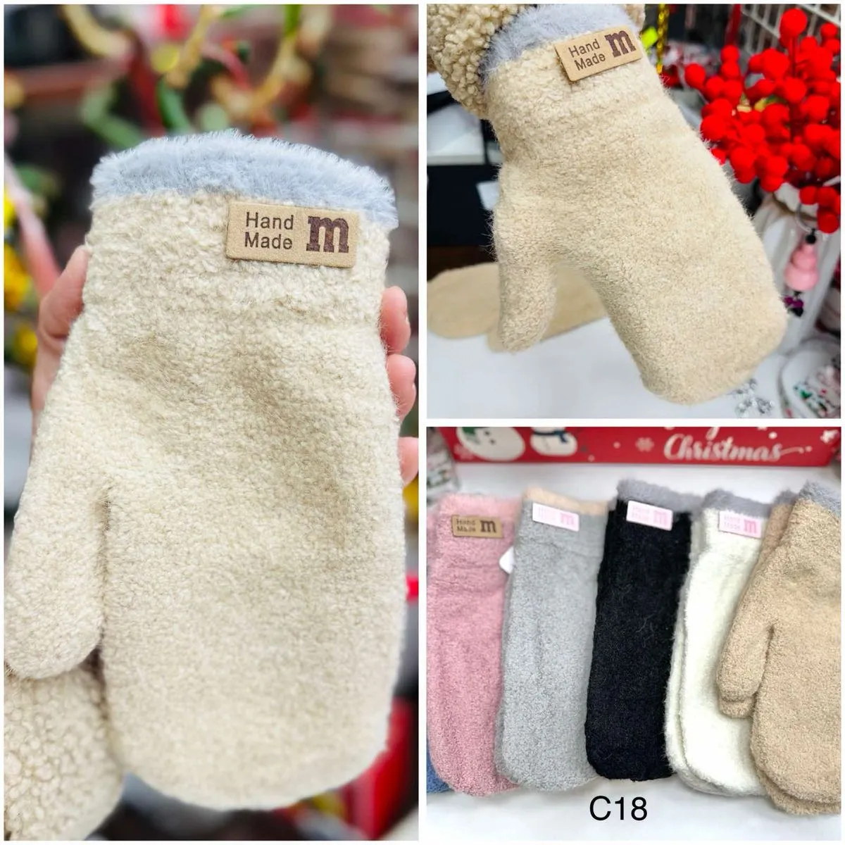 Rękawiczki damskie futrzane beżowe z mankietem