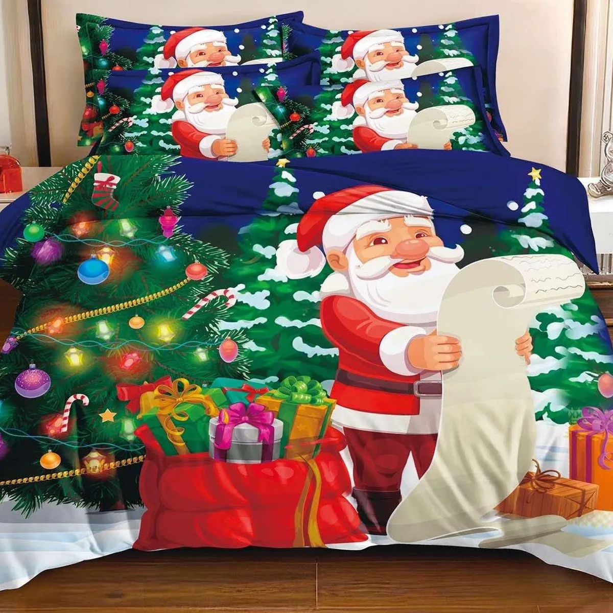 Komplet Pościeli 5D Satyna Bawełna 4CZ 200/220 Święty Mikołaj