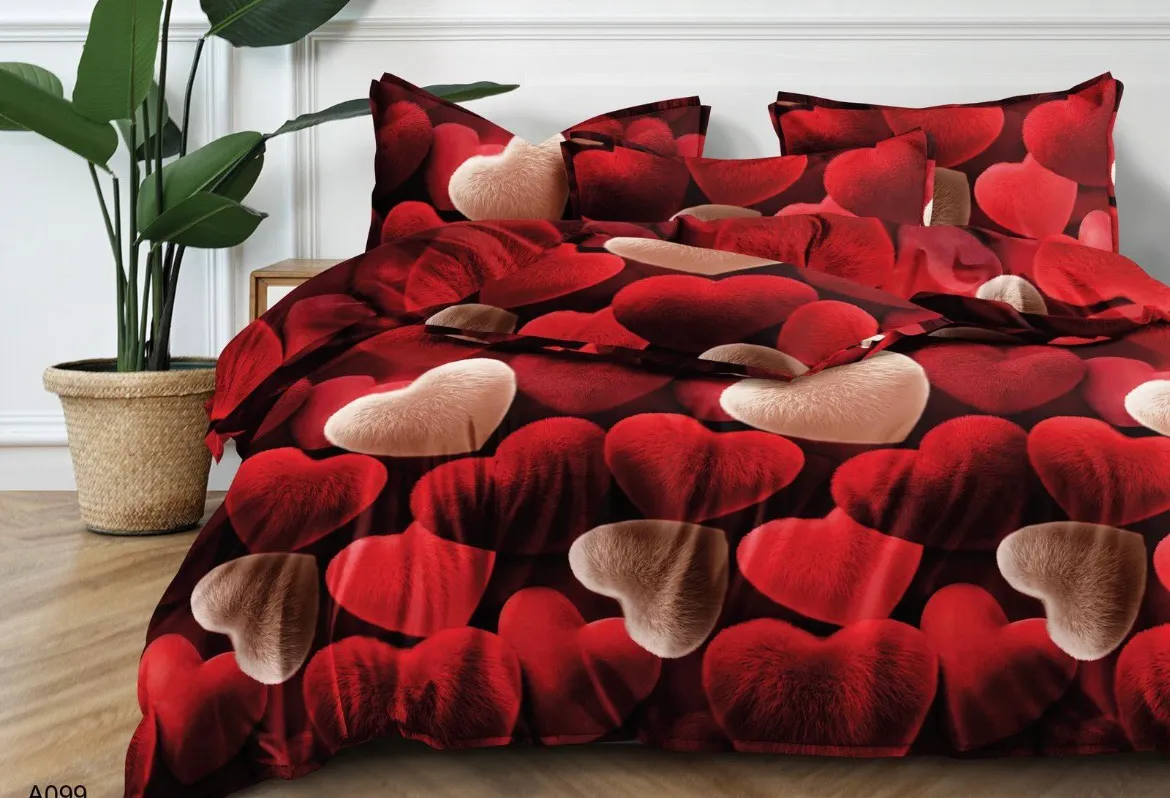 Komplet Pościel Fashion Home Satyna Bawełna 160x200cm 3cz Czerwone Serca