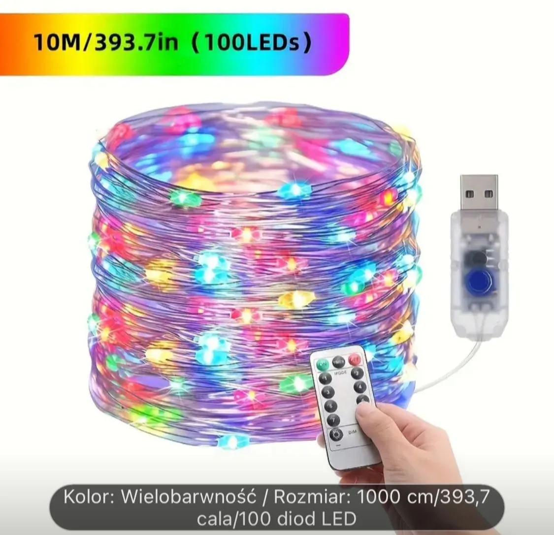 Lampka łańcuchowa 100LED 10m/393.7in USB z pilotem kolorowa