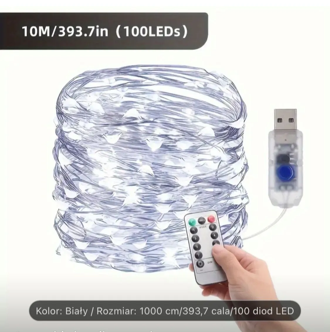 Lampka drucikowa 100LED 10m USB z pilotem biały