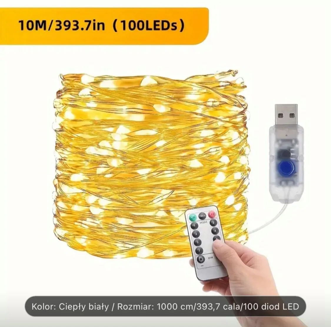 Lampka drucikowa 100LED 10m USB z pilotem ciepły biały
