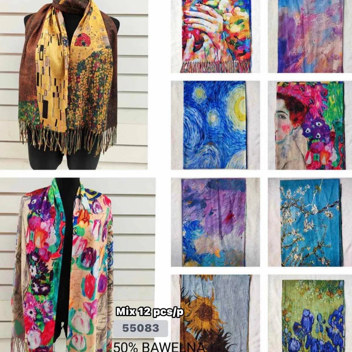 Szaliki damskie artystyczne mix 12 szt 50% bawełna