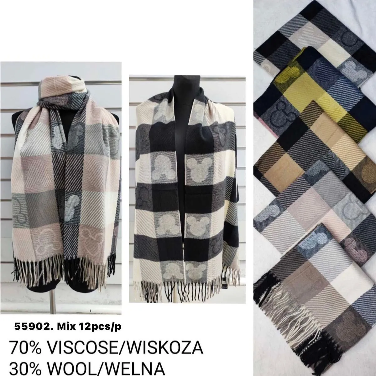 Szaliki damskie z Myszką Mickey 58% wiskoza 30% wełna mix 12 szt