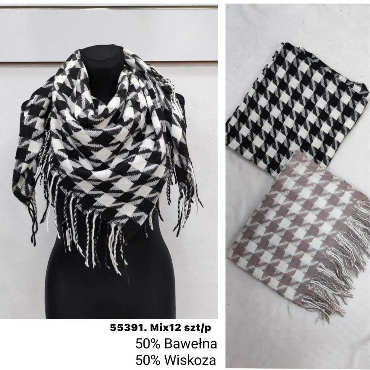 Szaliki damskie w kratę 50% bawełna 50% wiskoza mix 5531