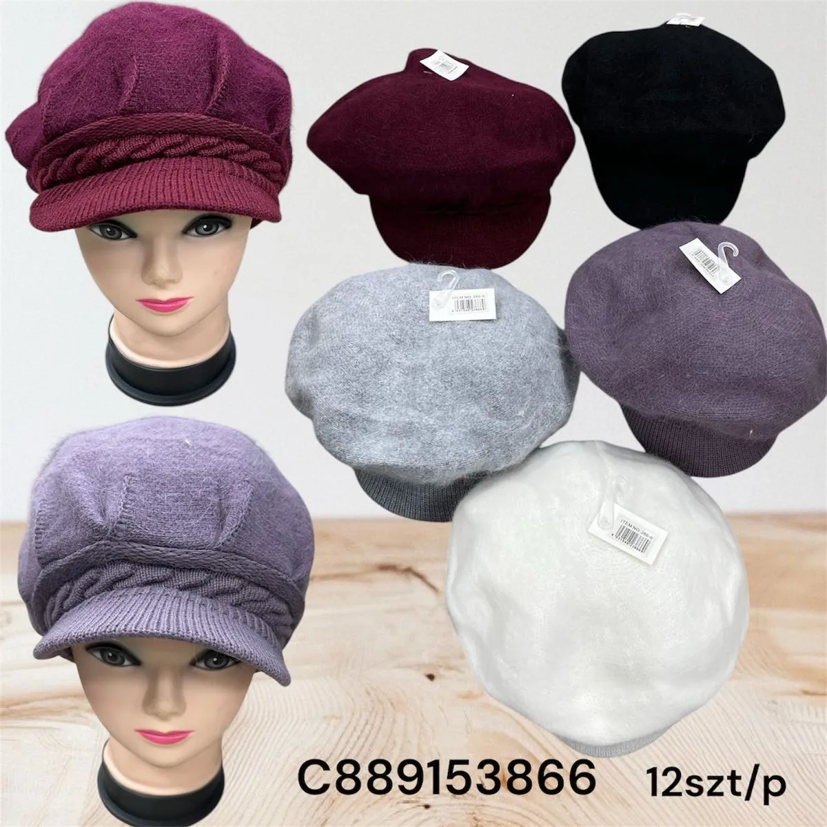 Czapki damskie dzianinowe beanie 12 szt/opak.