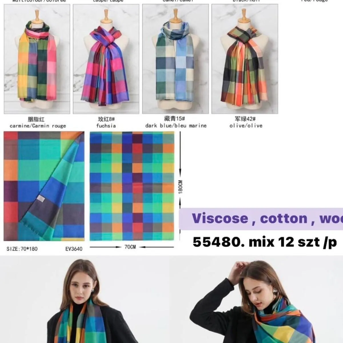 Szaliki damskie w kratę viscose cotton mix 12 szt