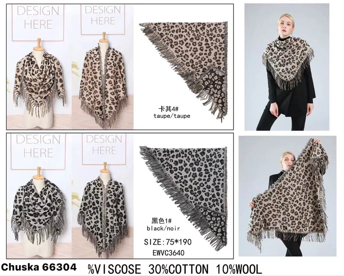 Szal damski leopard wzór SIZ/BLACK 75x190 cm