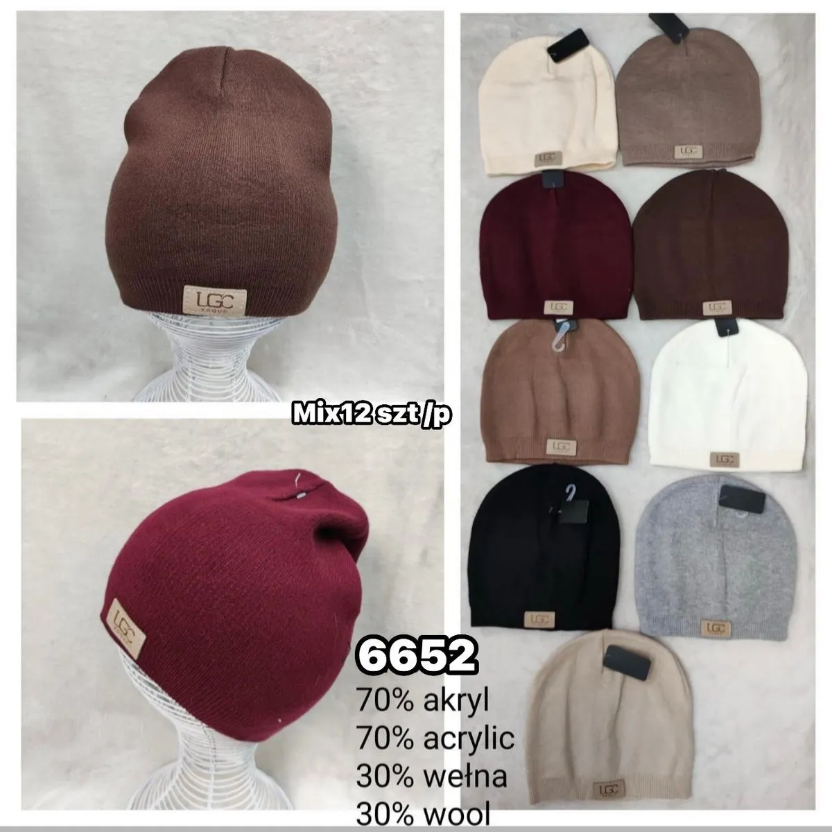 Czapki damskie beanie mix kolorów 70% akryl 30% wełna
