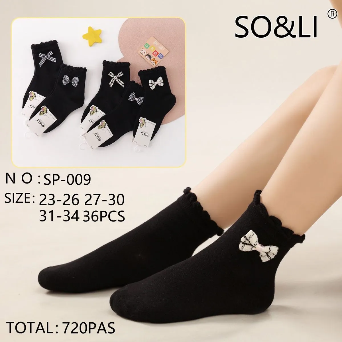 Skarpetki damskie czarne z kokardkami NO:SP-0069 36 szt