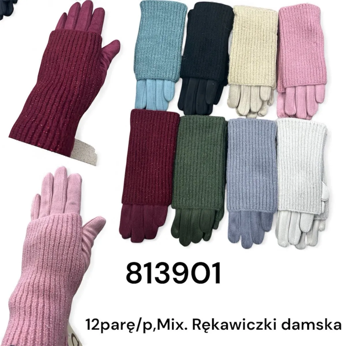 Rękawiczki damskie na palce mix kolorów 12 par/pak.