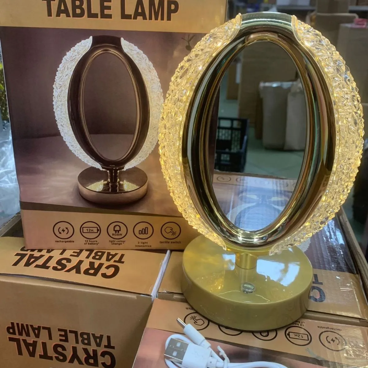 Lampka stołowa Crystal Table Lamp USB złota kryształ